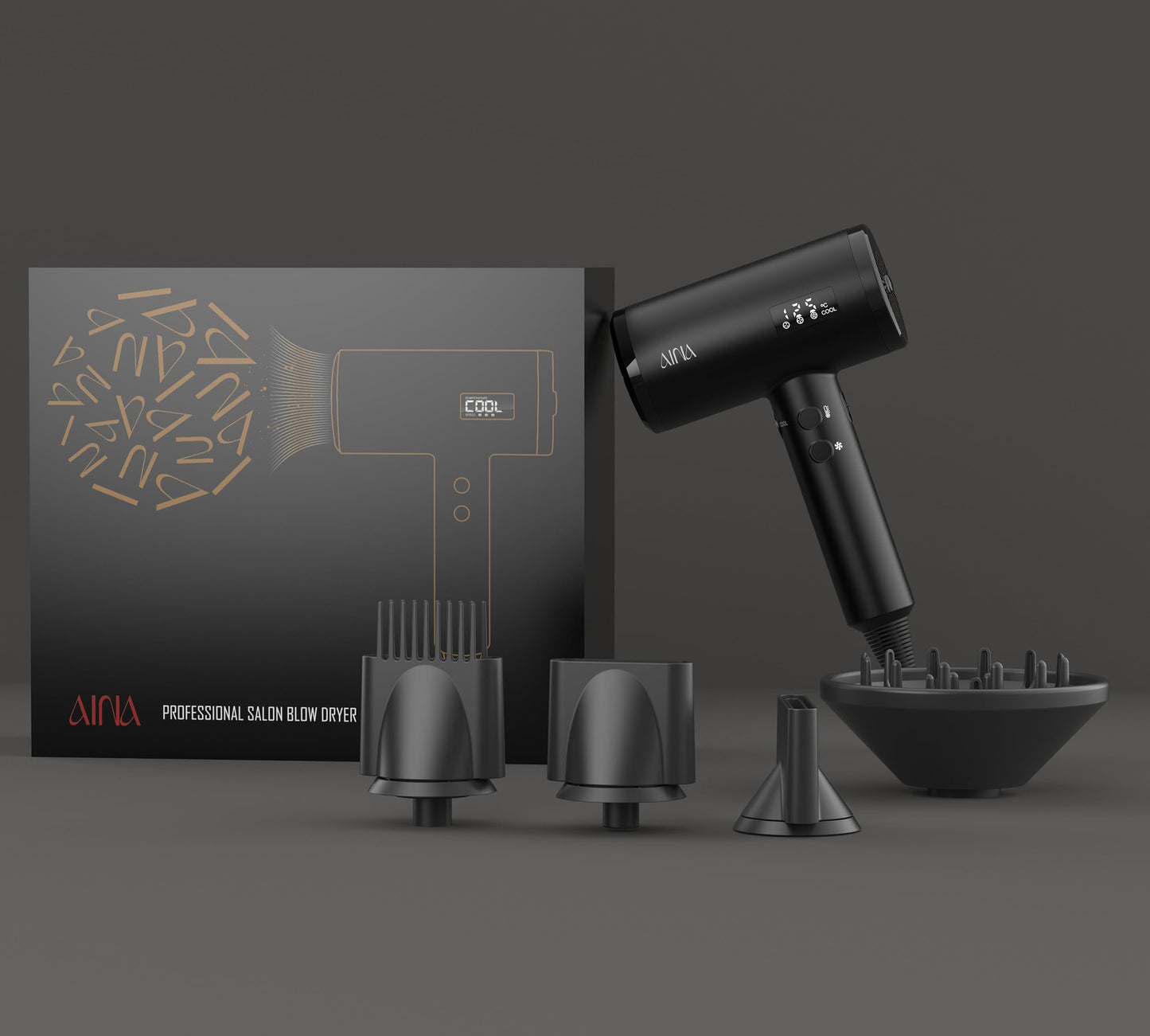 AINA Professional Salon Hair Dryer,2000W Blow Dryer with Diffuser Brush Comb for Women-BLDC Hair Dryer-Brushless Motor 150,000 RPM,Ionic,LED Display,4 Magnetic Attachments 110V/ALCI (Vader Black)