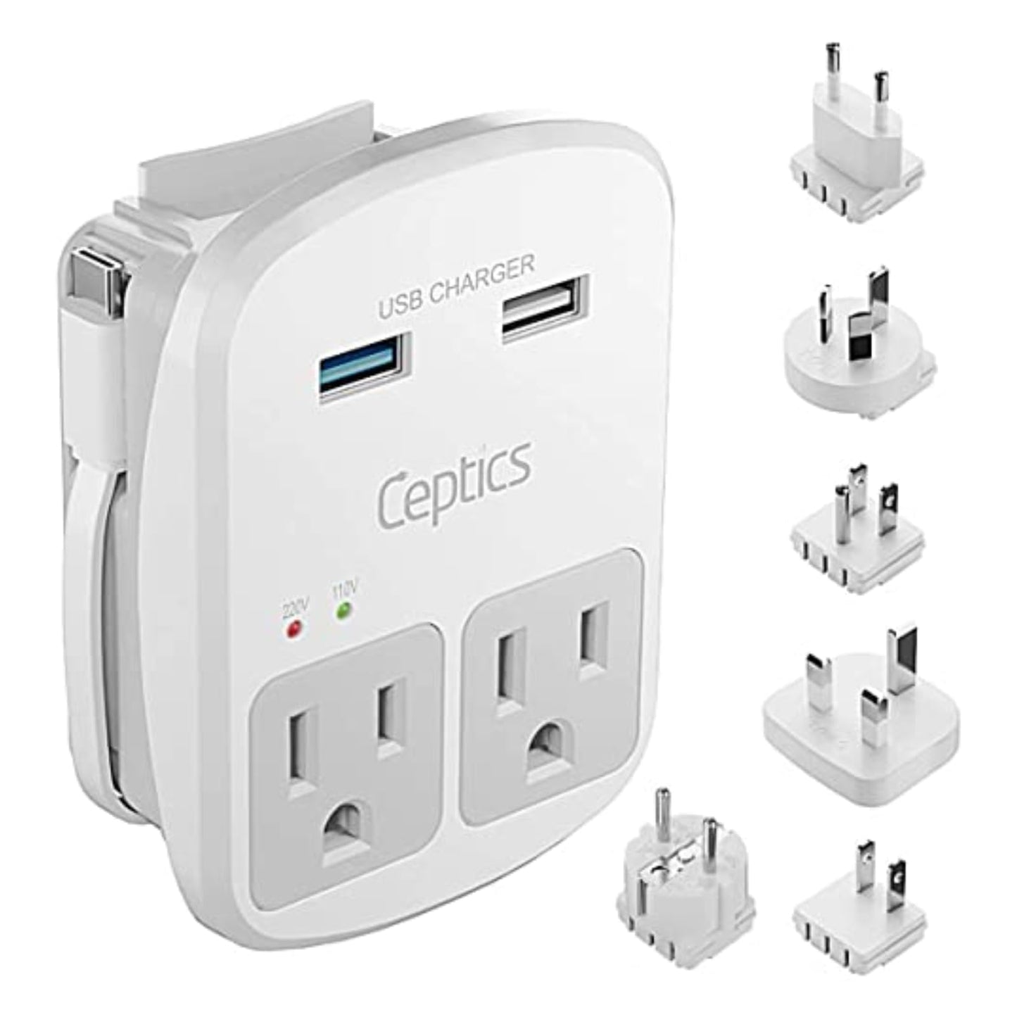 Ceptics Universal Travel Adapter Kit – 2 USA sockets, 2 USB-A (1x QC 3.0) and USB-C cable, Surge Protected, Plugs for EU, UK, China, AU, Japan - Use with Laptop, Phones, Cameras - ETL Tested