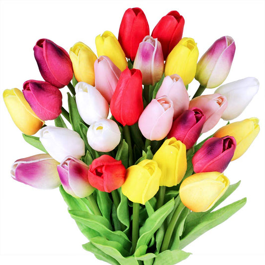 Winlyn 28 Pcs Multicolor Tulips Artificial Flowers Faux Tulip Stems Real Feel PU Tulips Easter Spring Wedding Bouquet Centerpiece Floral Arrangement Cemetery Table Décor 14" Tall