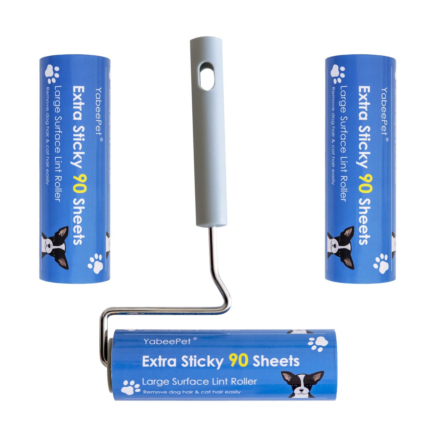 YabeePet Extreme Sticky Large Surface Lint Roller, 6.3'' Giant Pet Hair Remover Roller for Pet Dog Cat Hair, Clothes&Furniture Cleaning, 90 Sheets (1 Roller + 2 Refills)