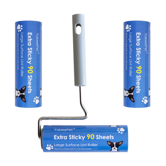 YabeePet Extreme Sticky Large Surface Lint Roller, 6.3'' Giant Pet Hair Remover Roller for Pet Dog Cat Hair, Clothes&Furniture Cleaning, 90 Sheets (1 Roller + 2 Refills)