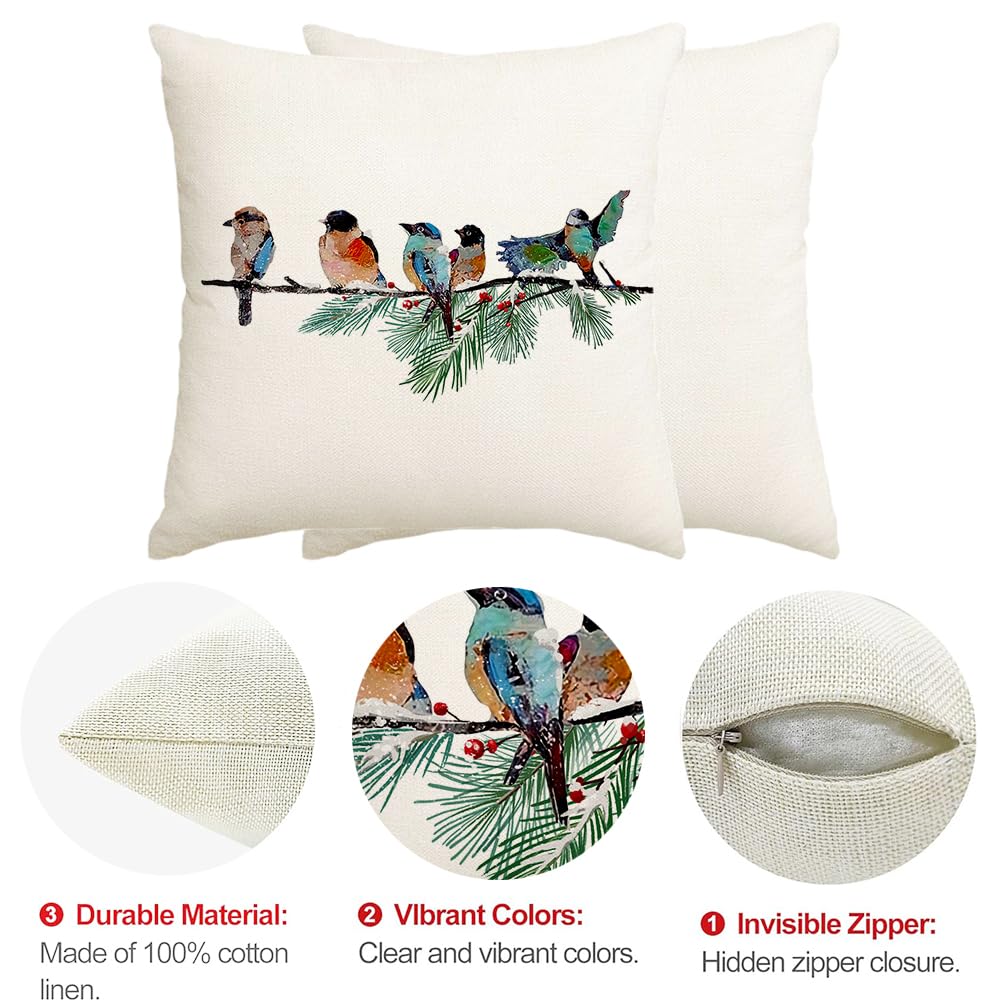 RABUSOFA Christmas Pillow Covers 18x18 Inch Birds Christmas Decorations Christmas Winter Throw Pillow Cases Xmas Outdoor Birds Decor Decorative Pillows for Couch Holiday Teal