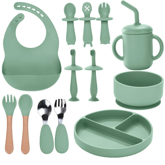 Silicone Baby Feeding Set,13PCS Baby Feeding Essentials with Suction Bowl and Plate,Spoons & Forks,Bib & Cup,Baby Toothbrush,Baby Led Weaning Supplies for 6+ Months,Baby Eating Essentials(Light Green)