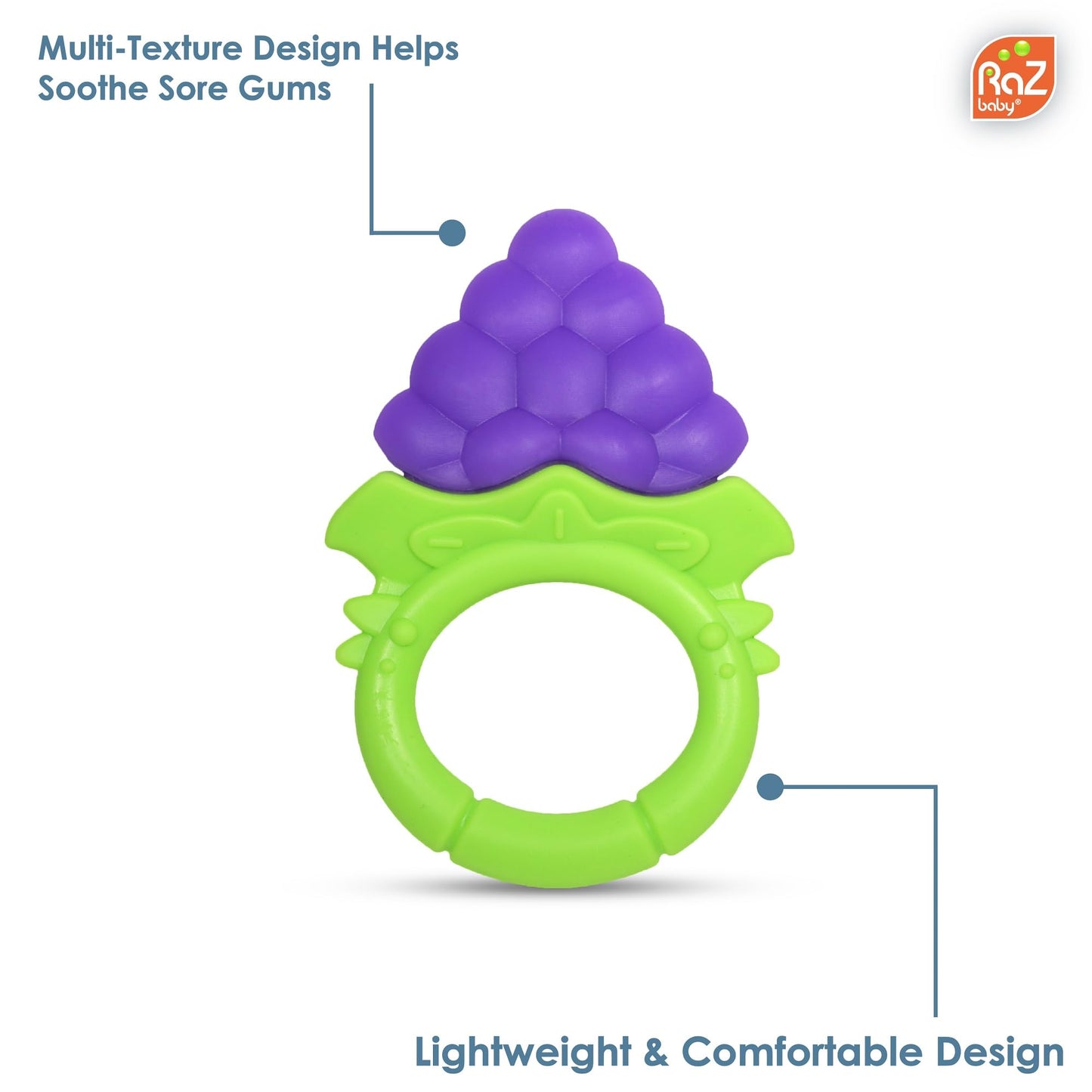 RaZbaby Fruitique Infant & Baby Massager & Teether Toy 3-Pack, Fruit-Shaped Multi-Texture Teethers Soothe Sore Gums, Non-Toxic BPA-Free Food-Grade Silicone, Hands-Free & Easy to Hold, 3M+