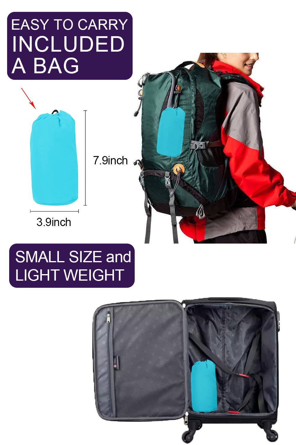 LOMON Women Waterproof Raincoat Hooded Lightweight Windbreaker Outdoor Anorak Jacket Ice blue L