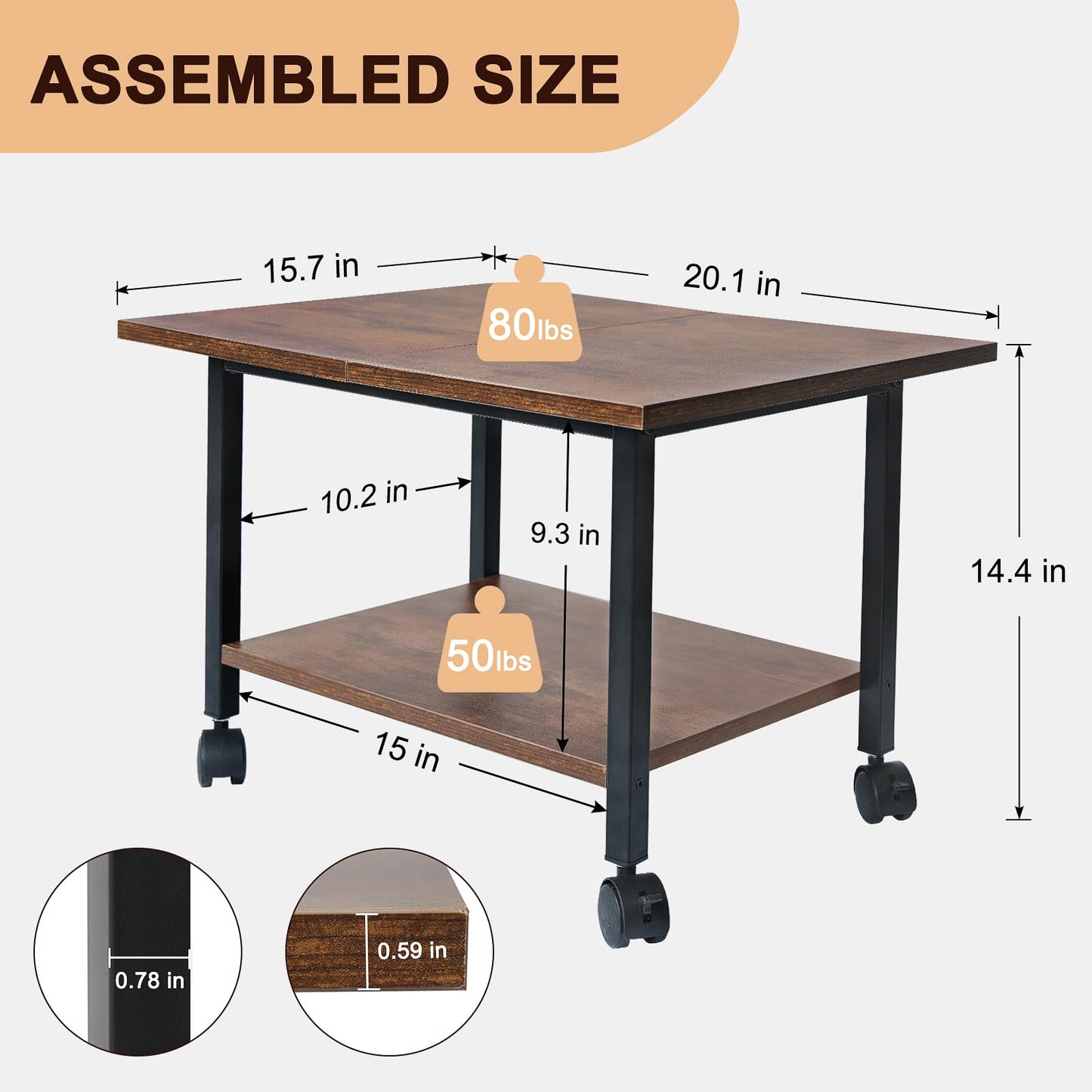 RANXFLOAT Printer Stand, Under Desk Printer Table with Wheels, 2 Tier Industrial Mobile Printer Table with Storage Shelf, Rolling Printer Cart Holder for Home, Office, Rustic Brown and Black