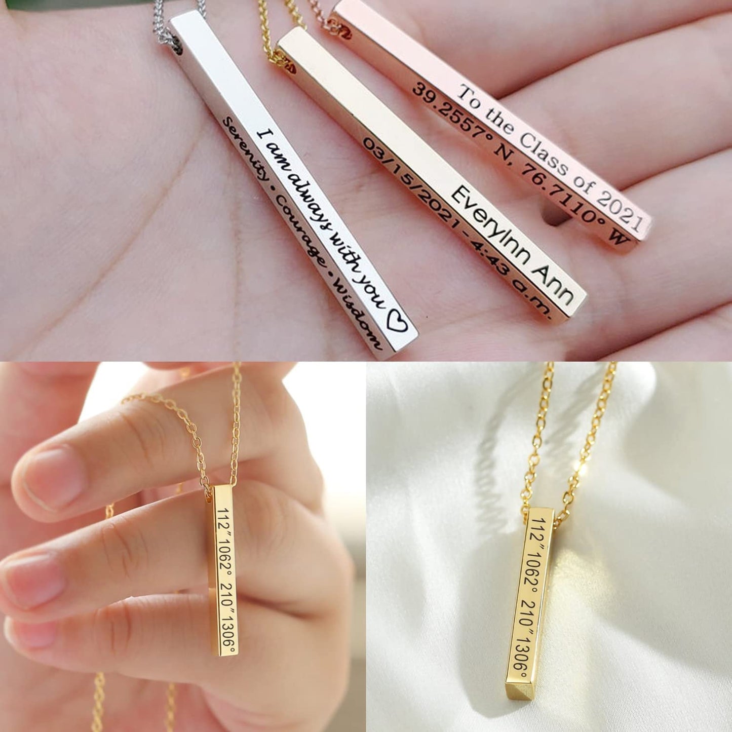 ProJewelry 18K Gold Plated Engraved 4 Sides Bar Necklaces for Women,Custom Necklace with Kids Name/Date/Coordinates Customized Name Necklace Personalized Mother's Day Birthday Christmas Gifts