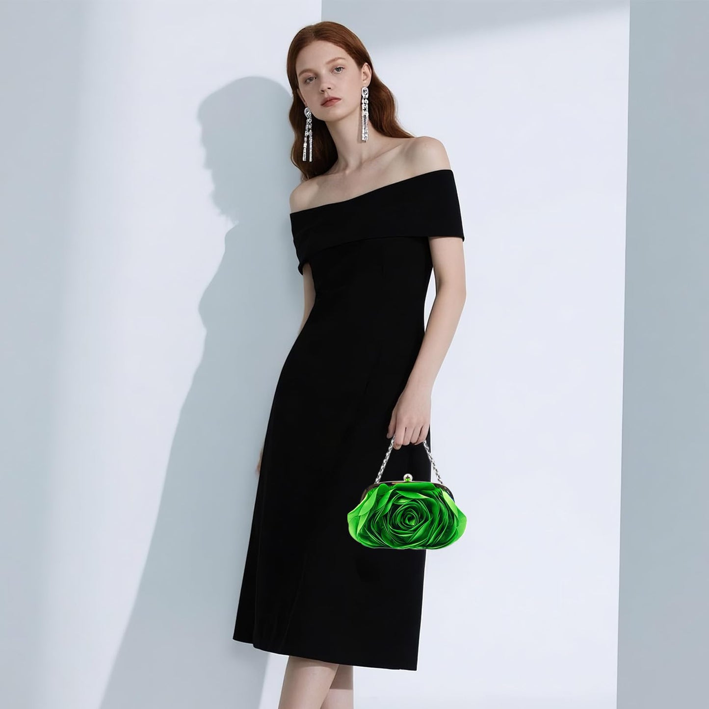 Little Floral Clutch Purse for Women - Elegant Rose Petal Evening Bag with Detachable Chain for Wedding, Gala, Prom, Green