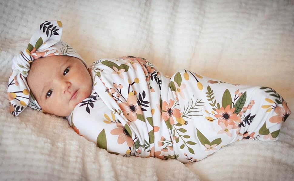DRESHOW BQUBO 3 Sets Receiving Blanket with Headbands Newborn Baby Floral Printed Baby Shower Swaddle Gift