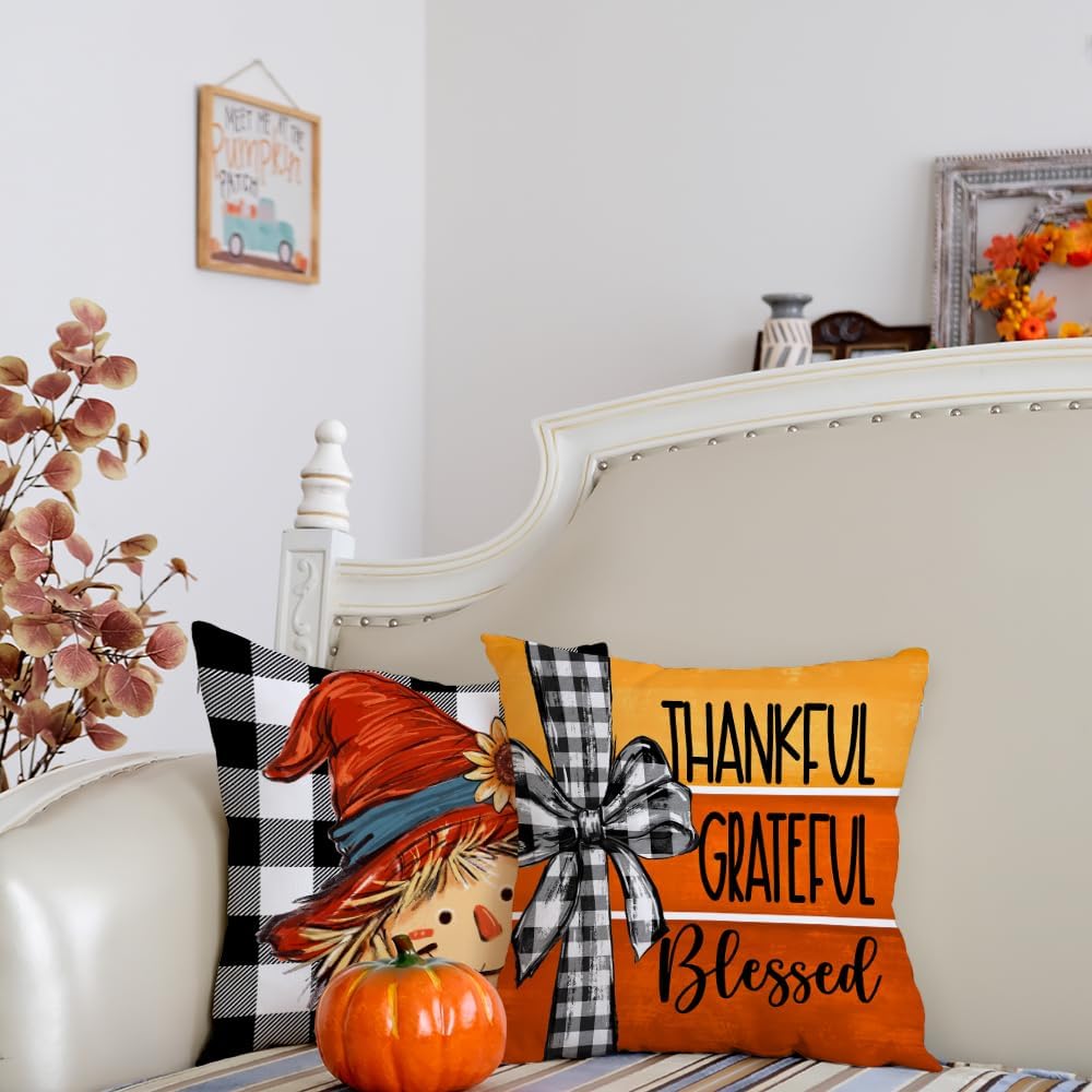 GEEORY Fall Throw Pillow Covers 18x18 Inch Set of 4, Buffalo Plaid Pumpkin Scarecrow Orange Cushion Case for Sofa & Bed Autumn Thanksgiving Decor Farmhouse Home Decoration