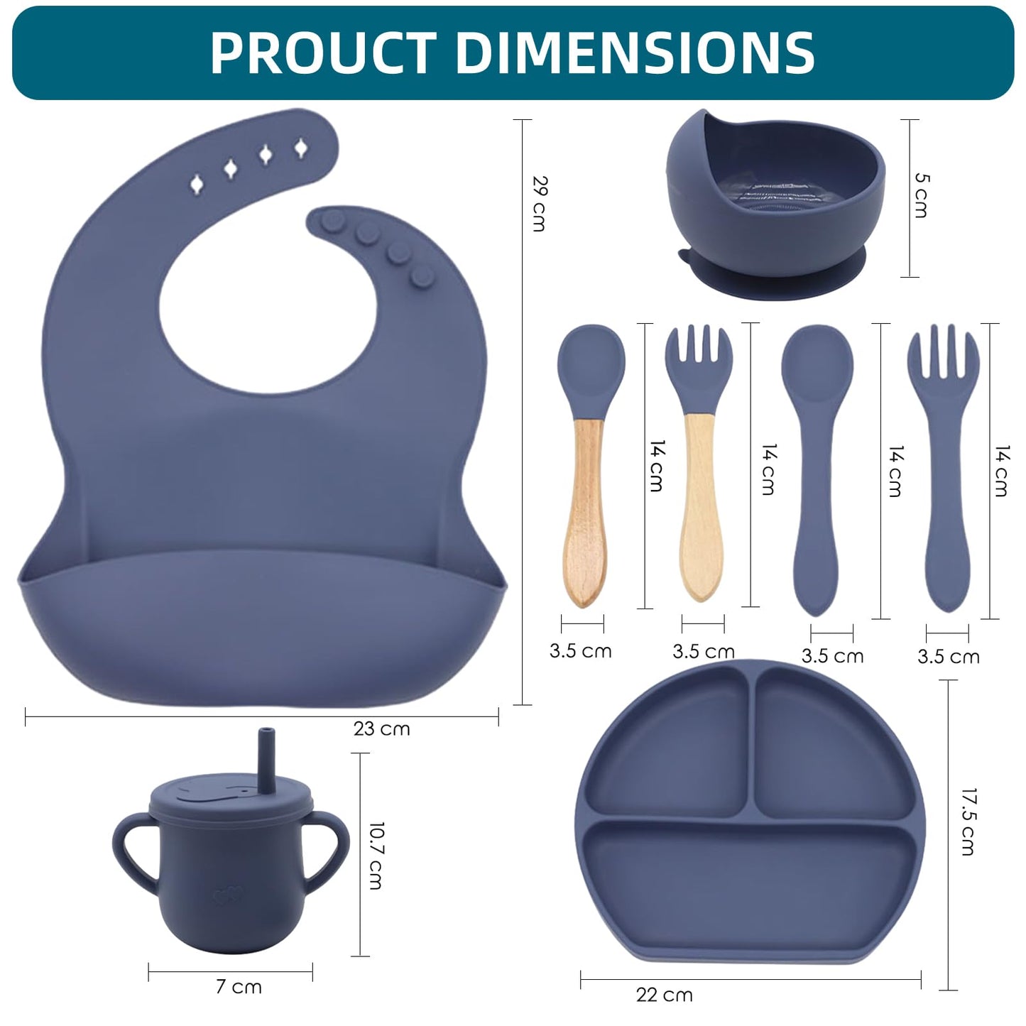 Dormlony 100% Silicone Baby Feeding Set,BPA Free Baby Dishes Set with Suction Bowl Divided Plate,Toddler Self Feeding Dish Set with Spoons Forks Sippy Cup and Bib, Baby Eating Utensils (Navy Blue)