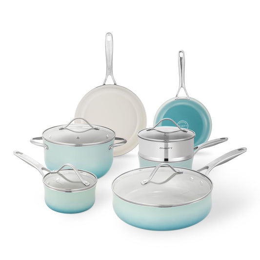 ONGIFT Kitchen Pots and Pans Set Non Stick, 11 Pieces Cookware Set Ceramic Nonstick Coated, Scratch-Resistant, PFAS, PFOA Free, Oven Safe, Rapidly & Evenly Heats, Enamel Exterior Cooking Set - Teal