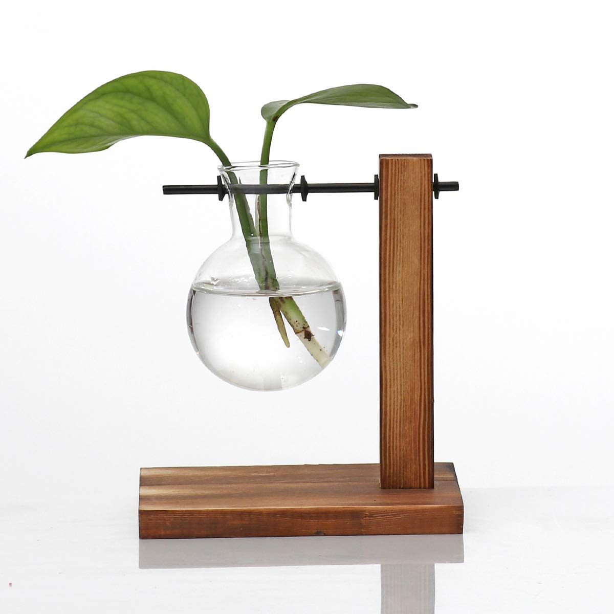 Kingbuy Glass Planter Bulb Vase Desktop Plant Terrarium with Retro Solid Wooden Stand for Propagation Hydroponics Water Plants Home Garden Office Decor