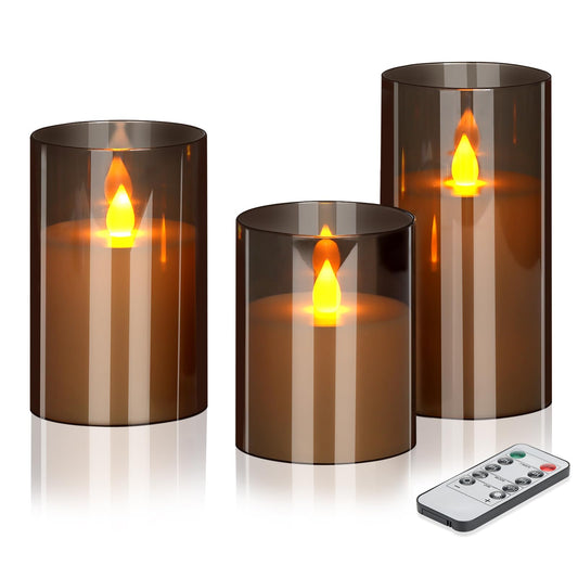 wemarry Flameless LED Candles with Remote Set of 3 Battery-Operated Acrylic Gray Pillars, 4", 5", 6" x 3" Diameter Flickering Effect with Timer Ideal for Home Décor Weddings Parties, Restaurants