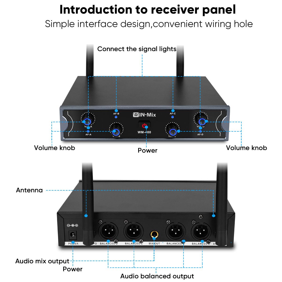 W IN-MIX Wireless Microphone System - Professional 4 UHF Mic Set with Fixed Frequency, 260ft Long Range, Crystal Clear Sound for Singing, Karaoke, Church, Includes 4 Bodypack Mics