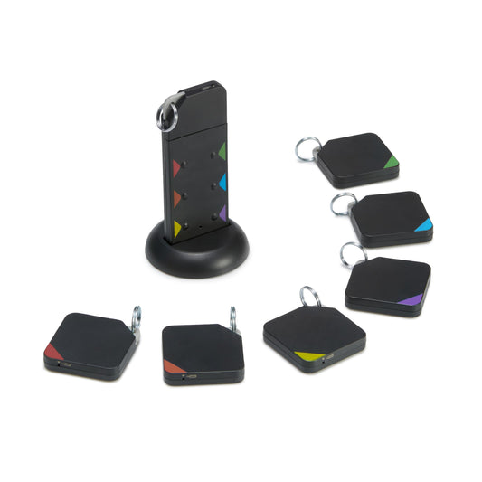 Amazon Basics Key Finder, Wallet, Pet, Phone, Item Locator - 6 Smart Trackers, 1 Remote, 100 ft (30 m) Range, up to 80dB alarm via RF signals. No phone, mobile app or WiFi required