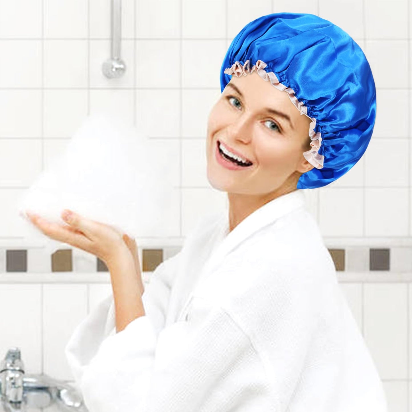 Lawie 4 PACK Double Layer Waterproof Reusable Satin Shower Caps with Adjustable Bath Hair Caps Stretchy PEVA Bathing Hats Bonnets Curly Long Braids Hair for Women Girls (pack 1 of solid colors)