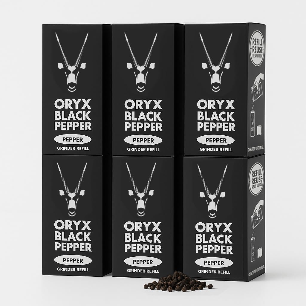 Oryx Black Pepper Refill Box - 6 Pack - 3.52oz x6 - Premium Whole Black Peppercorns from Madagascar, Fresh Naturally Organic, Refillable +20x Pepper Grinder - Ideal for Home Cooking & Dining