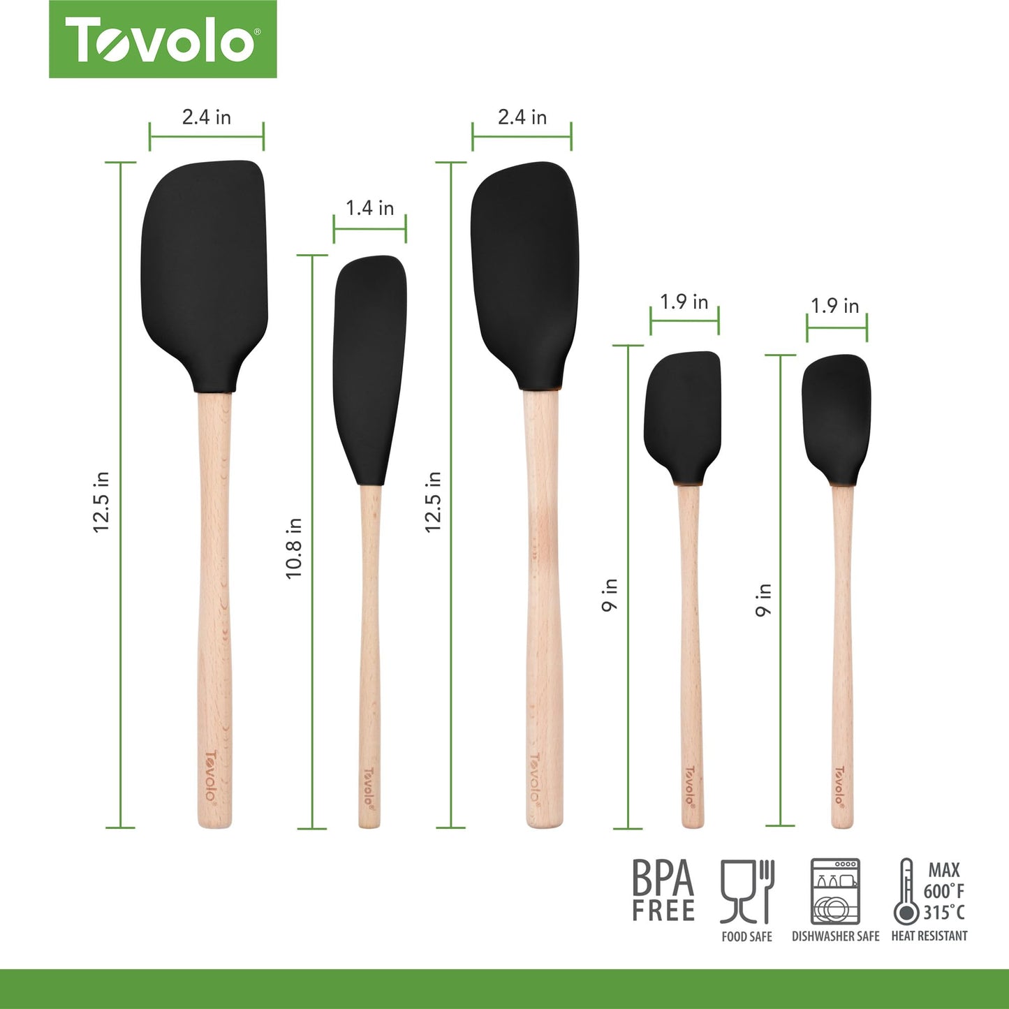 Tovolo 5-Piece Silicone and Wooden Handle Utensil Set (Black): Spatula, Spoonula, Jar Scraper, Mini Spatula, and Mini Spoonula