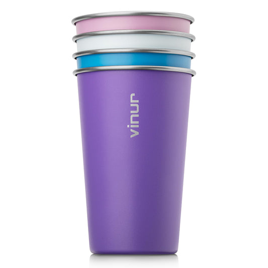 VINUR 16 oz Stainless Steel Cups 4 Pack Pint Tumbler Stackable Metal Drinking Glasses for Travel, Camping, Outdoors (Purple Pink-Sky Blue-Purple-Baby Blue)