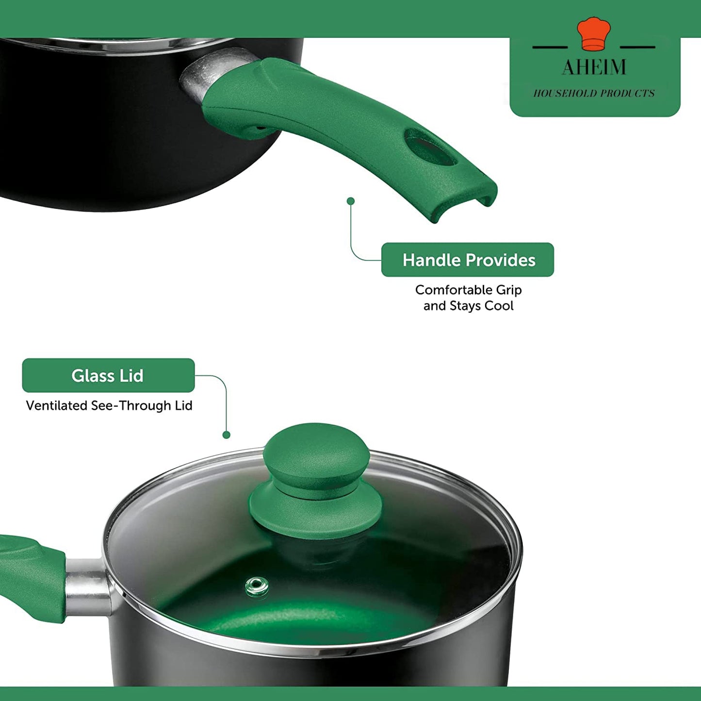 AHEIM Pots and Pans Set, Aluminum Nonstick Cookware Set, Fry Pans, Casserole with Lid, Sauce Pan, and Utensils, 11 Piece Cooking Set (Green)