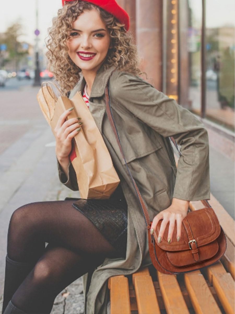 AFKOMST Crossbody Bags for Women,Small Saddle Purse and Boho Cross Body Handbags,Vegan Leather, Brown