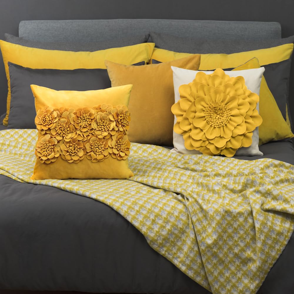 JWH Decorative Flower Velvet Throw Pillow Covers Floral Accent Pillow Cases Stereo Pillowcase Handmade Cushion for Car Bed Couch Bedroom 18x18 Inch Gold Yellow