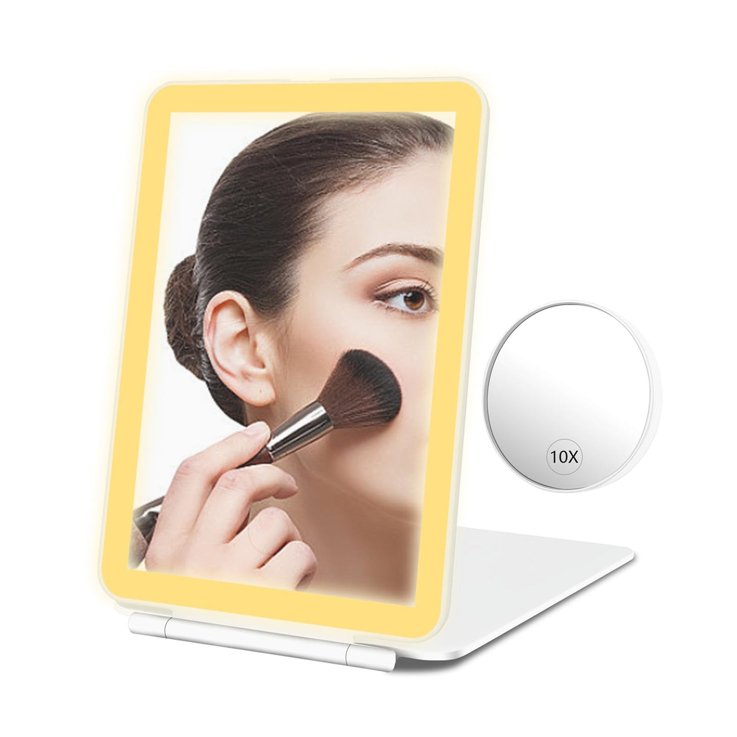 Dec.Metu Travel Mirror with Lights Makeup Mirror Touch Screen 3 Colors Light 72 LEDs Rechargeable, 2000mHA 7.9x5.3-Inch Desk Compact Mirror White