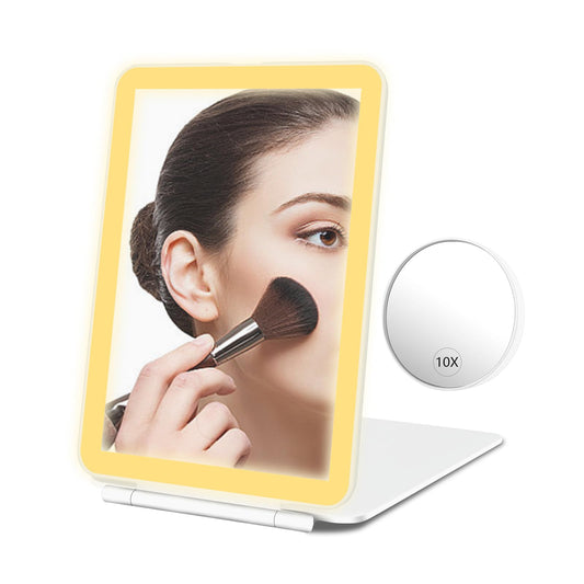 Dec.Metu Travel Mirror with Lights Makeup Mirror Touch Screen 3 Colors Light 72 LEDs Rechargeable, 2000mHA 7.9x5.3-Inch Desk Compact Mirror White