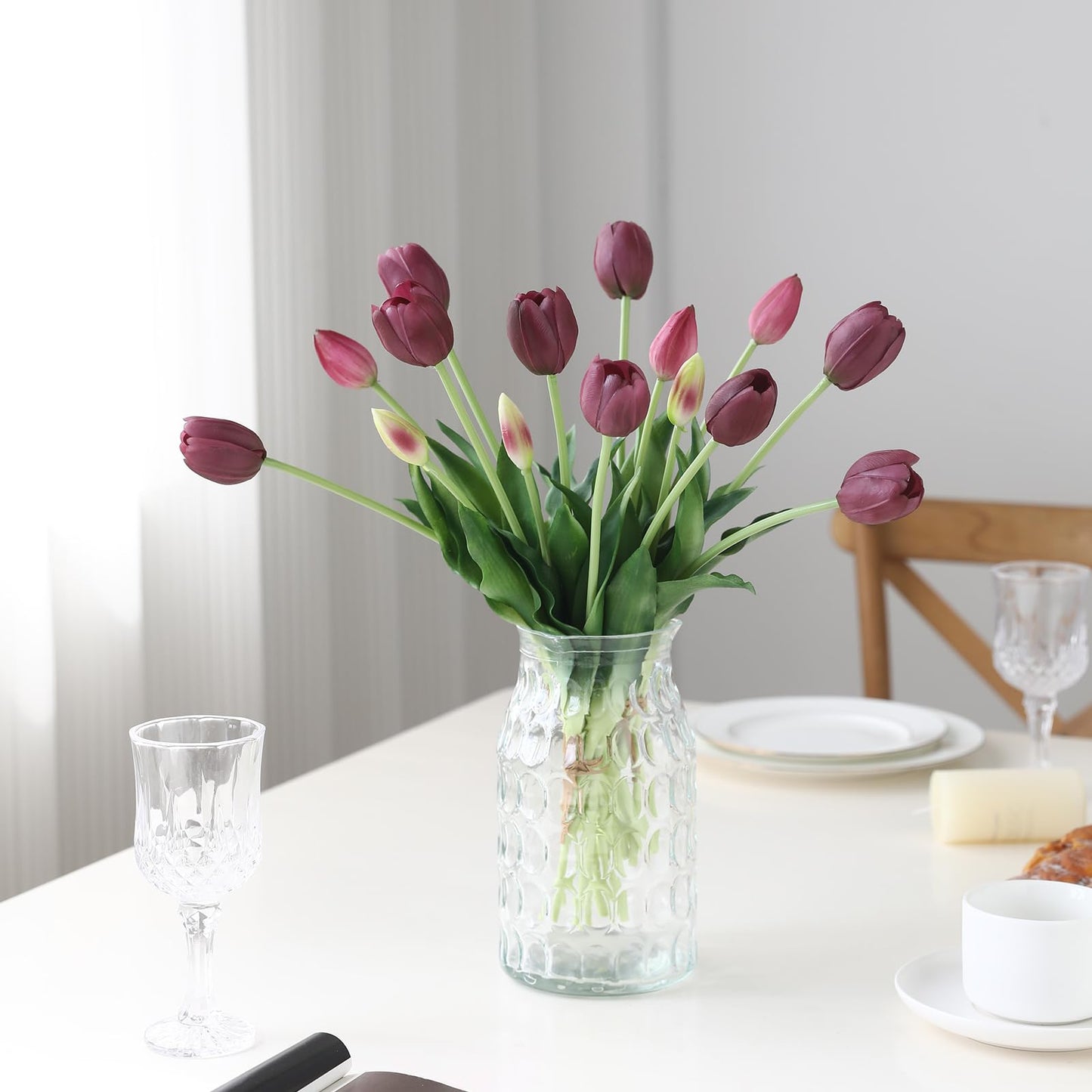 LINSIE 15 Pcs Deep Purple Artificial Flowers Tulips Real Touch Latex Plastic Soft Faux Bouquets for Party, Wedding, Home, Room, Garden Decor