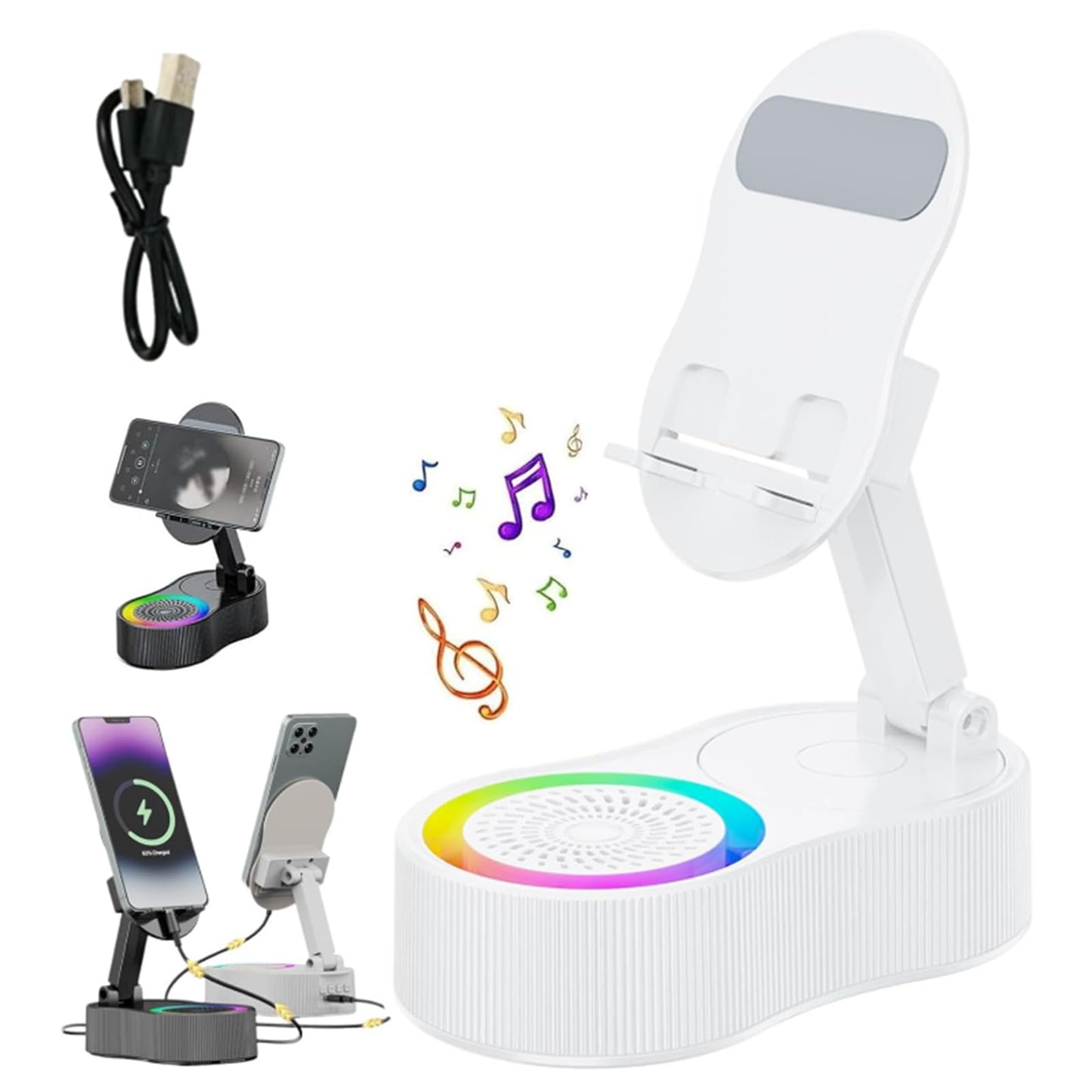 5-in-1 Wireless Induction Bluetooth Speaker Stand with Foldable Phone Holder, Power Bank & Ambient Light — Desktop/Home, Plastic/Metal Composite (Minimalist Design) (White)