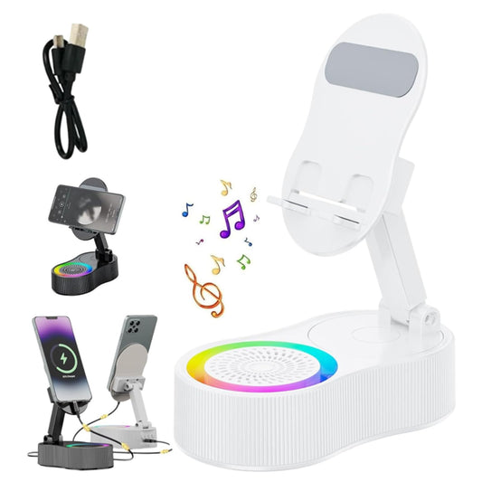5-in-1 Wireless Induction Bluetooth Speaker Stand with Foldable Phone Holder, Power Bank & Ambient Light — Desktop/Home, Plastic/Metal Composite (Minimalist Design) (White)