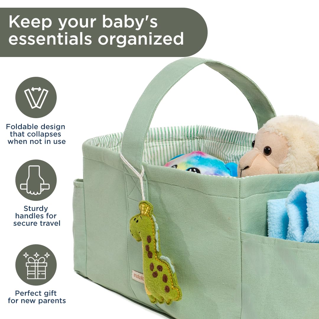 Folkulture Baby Diaper Caddy | Cotton Diaper Bag for Kids - Stylish Comfort Spacious Travel Essential Cart | Nursery Storage Bin and Car Organizer for Diapers, Wipes - (Sage Green - 15")