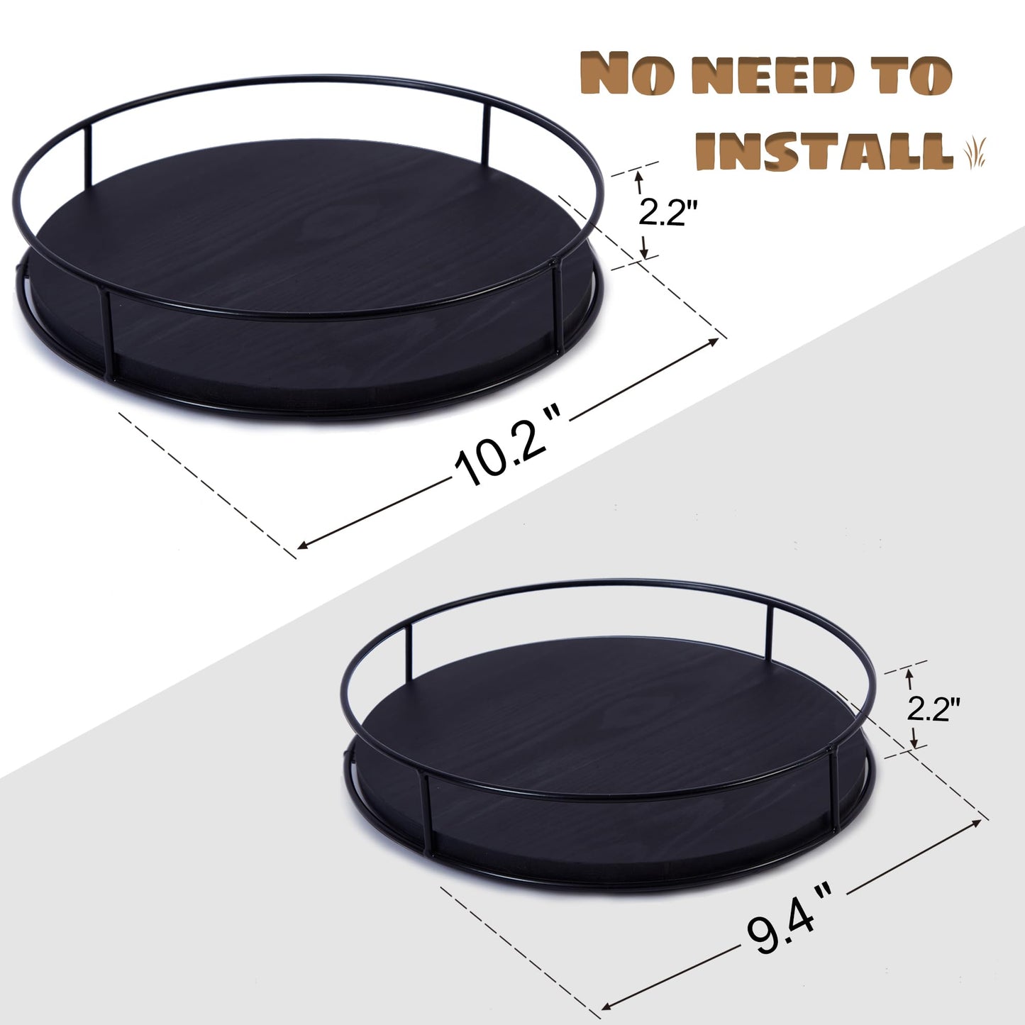 [ 2 Pack ] 9" & 10" Black Wood Lazy Susan Organizers with Steel Sides, Lazy Susan Turntable for Cabinet, Kitchen Turntable Storage for Table, Countertop, Pantry