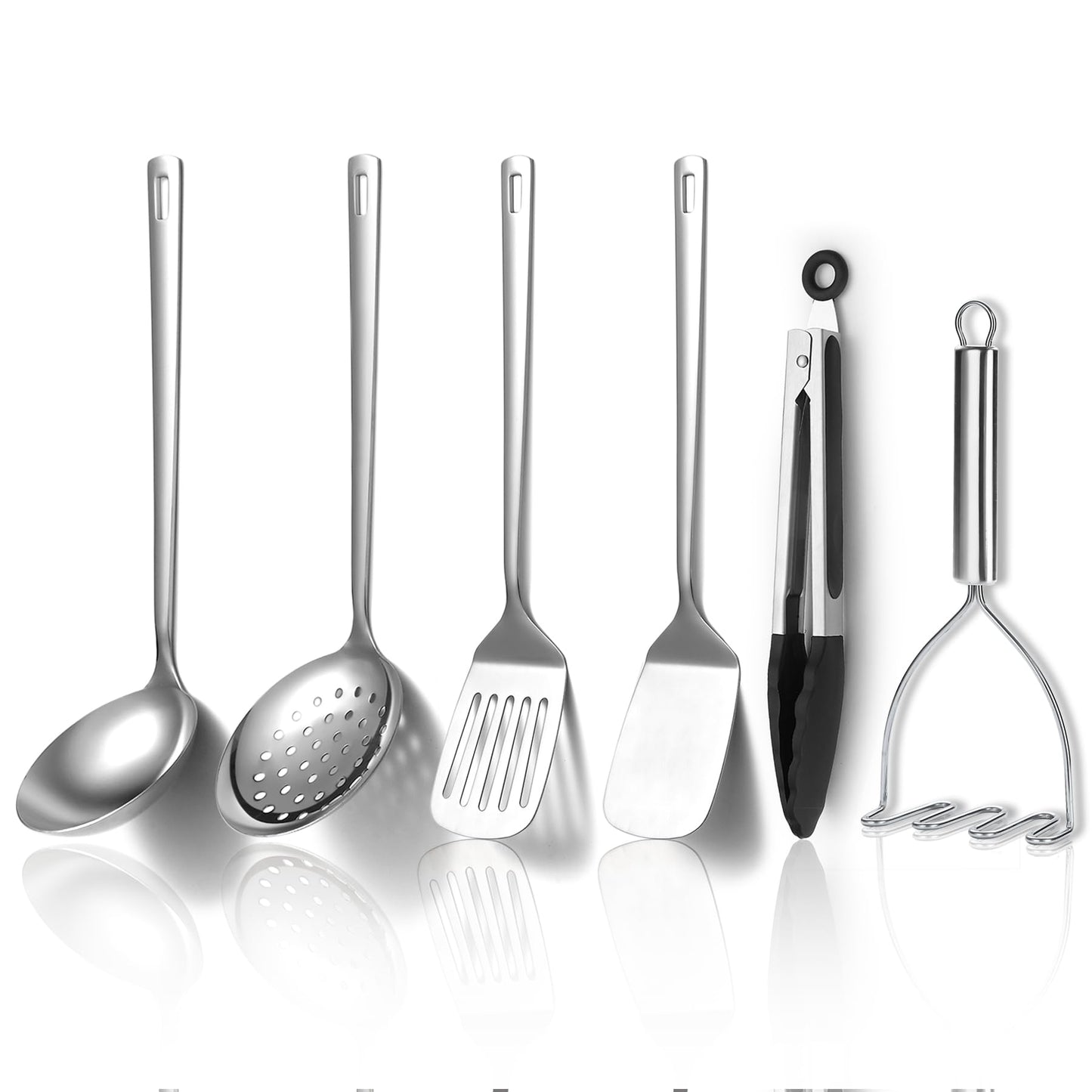 Kyraton Stainless Steel Kitchen Utensils Set 6 Pieces, Cooking Utensil Set Include Metal Spatula Sets, Skimmer, Ladle, Tongs, Potato Masher, Dishwasher Safe