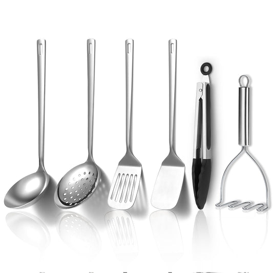 Kyraton Stainless Steel Kitchen Utensils Set 6 Pieces, Cooking Utensil Set Include Metal Spatula Sets, Skimmer, Ladle, Tongs, Potato Masher, Dishwasher Safe