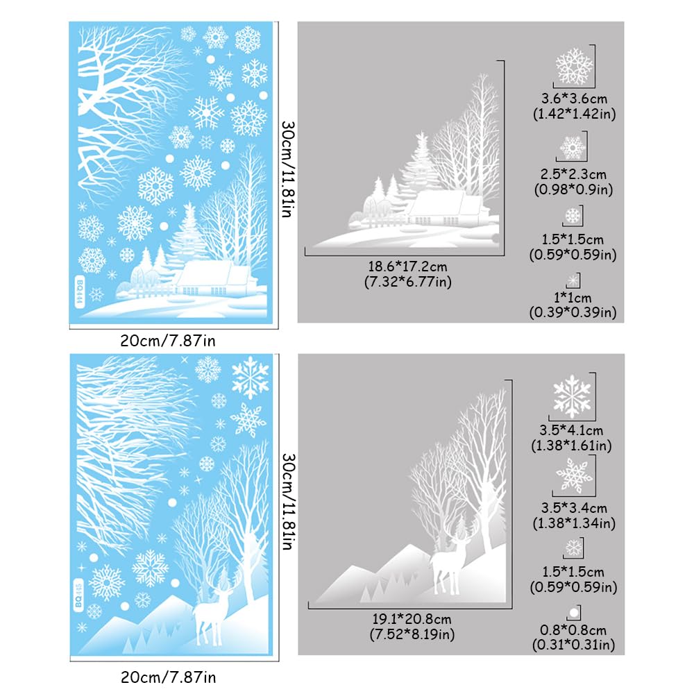 2 Sheets Christmas Window Clings - Xmas Tree Branch, Elk, Snowflake Stickers for Window Decorations, Home Office Party Decor