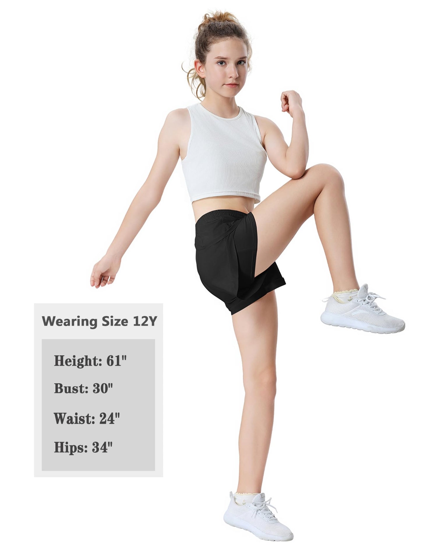 EXARUS 3 Pack Girls Athletic Shorts Running Sport Cheer Workout 2 in 1 Track with Pockets Black White Pink 12Y