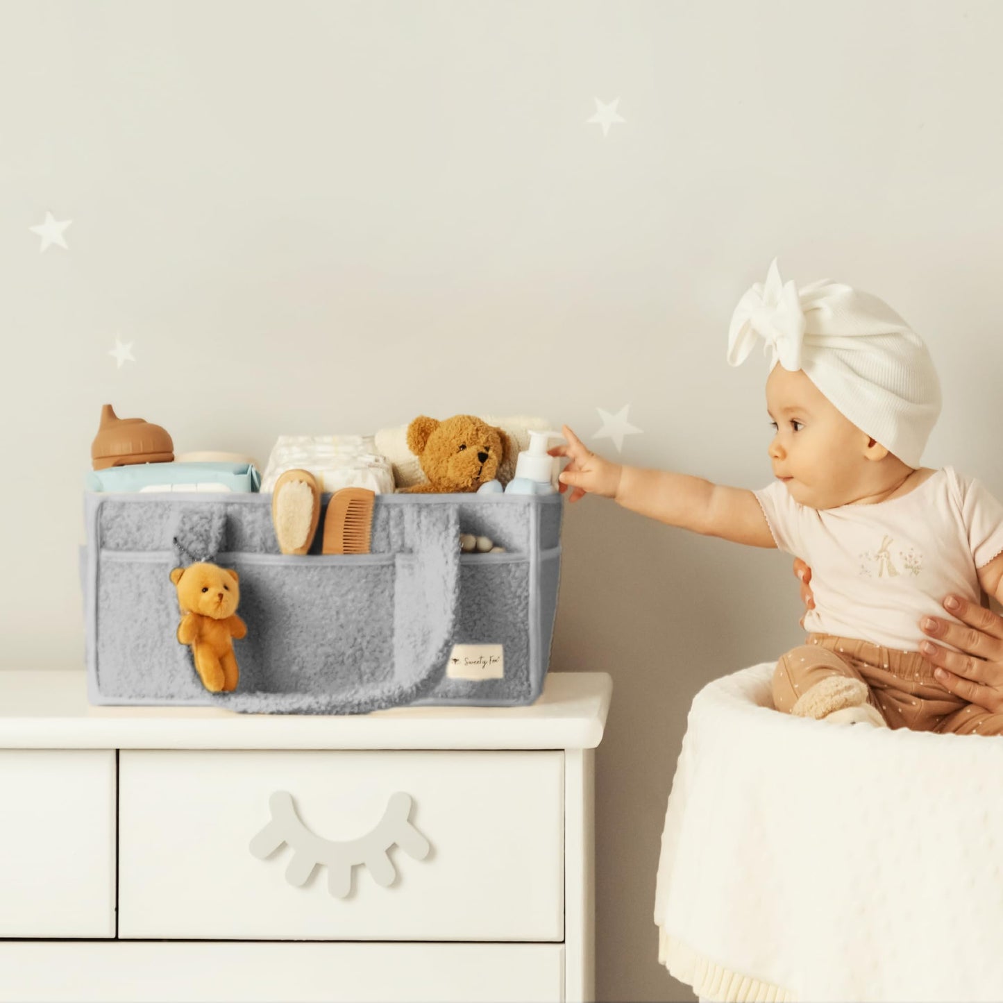 Sweety Fox Baby Diaper Caddy Organizer with Handle - Portable Sherpa Nursery Basket - Car Diaper Organizer, Cleaning Caddy, Gift for Baby Shower - Grey