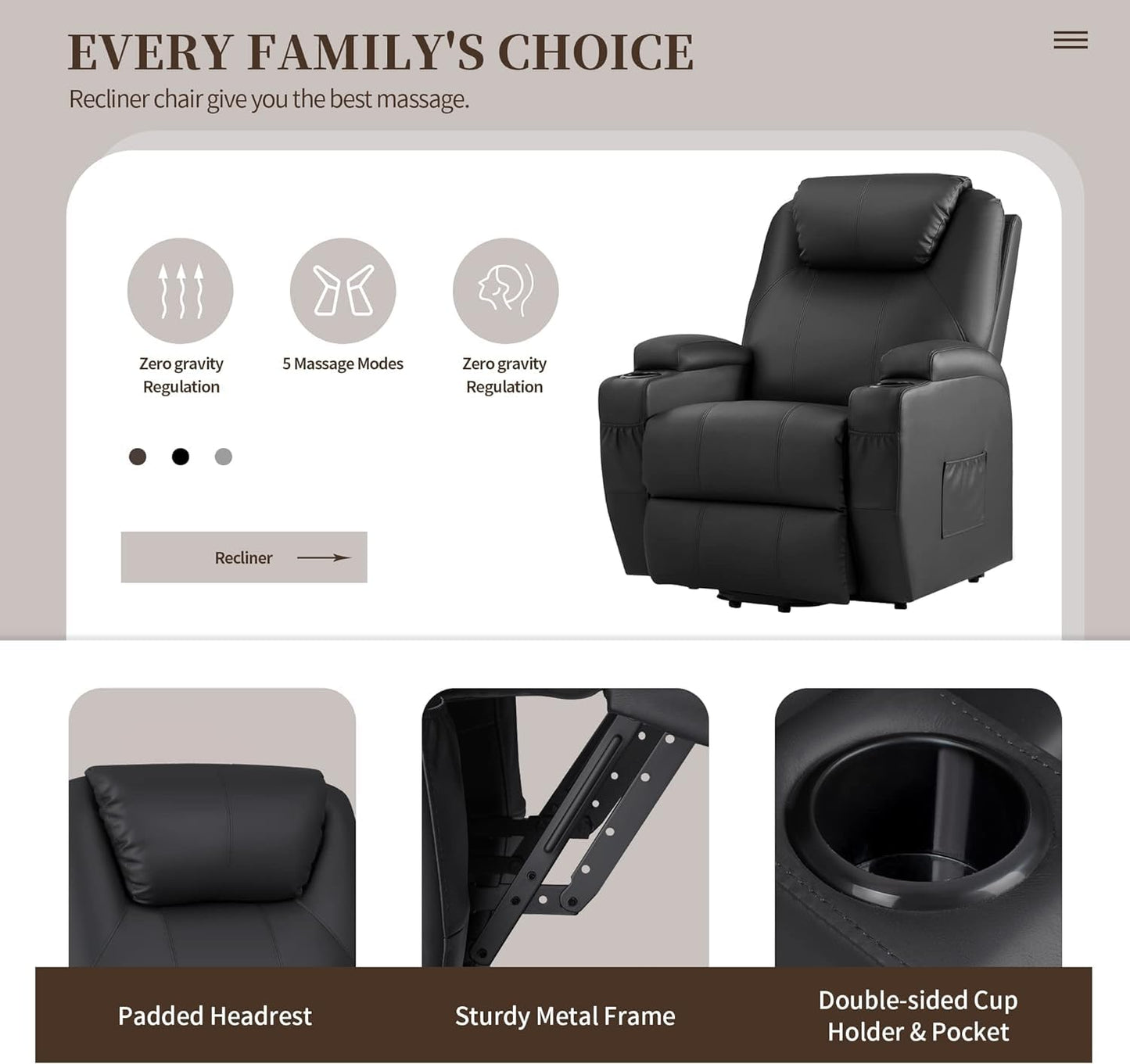 JUMMICO Power Lift Recliner Chair with Massage for Elderly PU Leather Modern Reclining Sofa Chair with Cup Holders, Remote Control, Adjustable Furniture (Black)