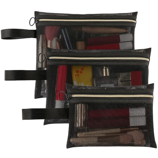 Mesh Cosmetic Bags with Zipper and Handle, Breathable Organization Pouch Pocket for Travel Purse Makeup Toiletry Office Home to Storage Items, 3pcs Black Assorted Sizes 9x8 8x6 6x4 inch