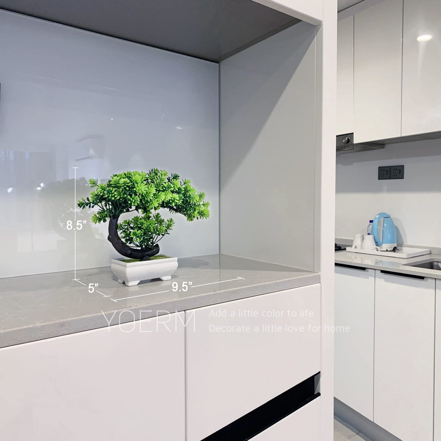 yoerm Small Artificial Plants Greenery Desktop Bonsai - Green Plastic Fake Plants for Home Decor, Indoor Bookshelf, Office Desk and Bathroom Room Decor, Tall 8.5"