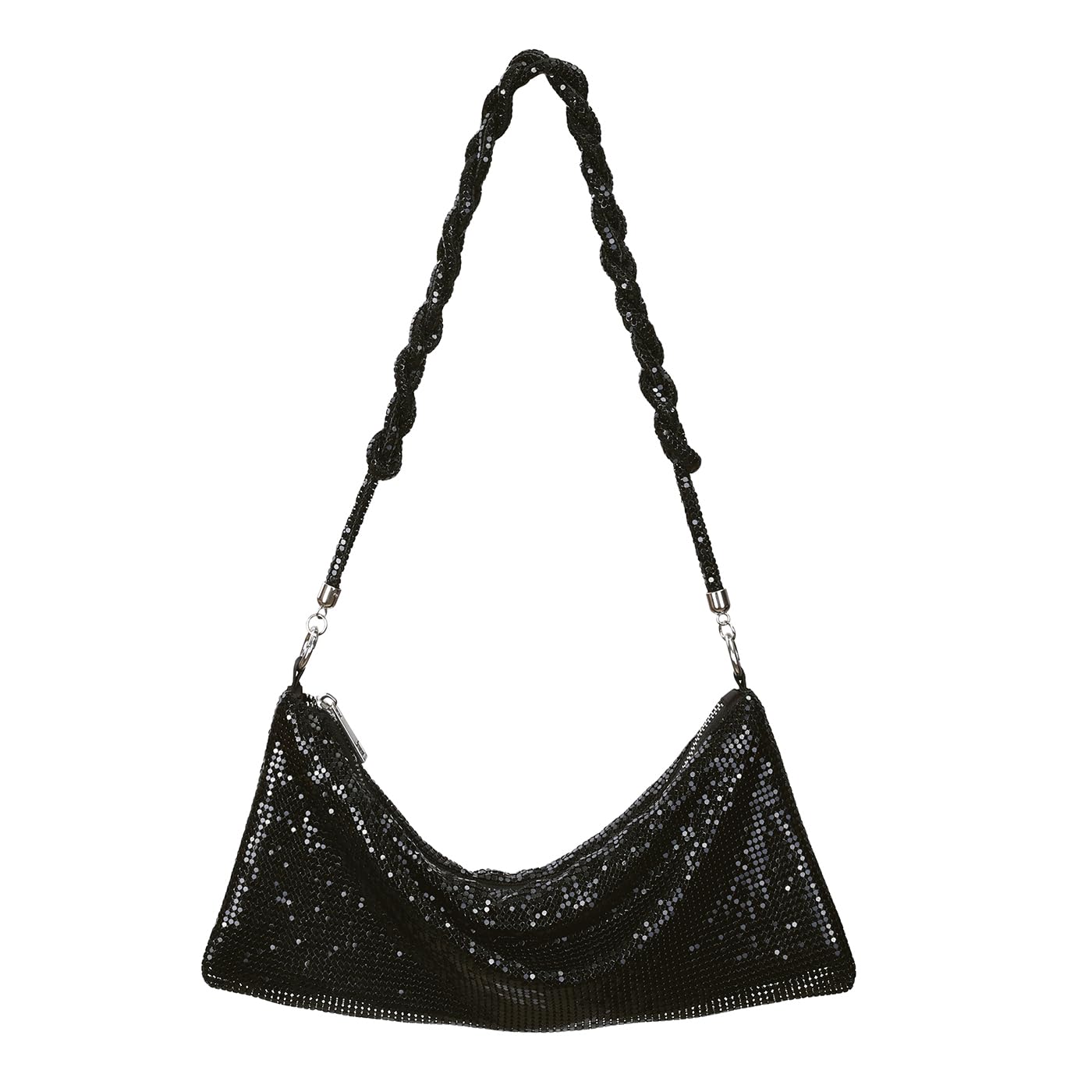 HDE Women's Metallic Mesh Evening Bag Shiny Braid Knotted Shoulder Purse Handbag Black