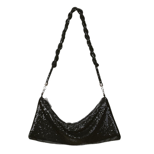 HDE Women's Metallic Mesh Evening Bag Shiny Braid Knotted Shoulder Purse Handbag Black