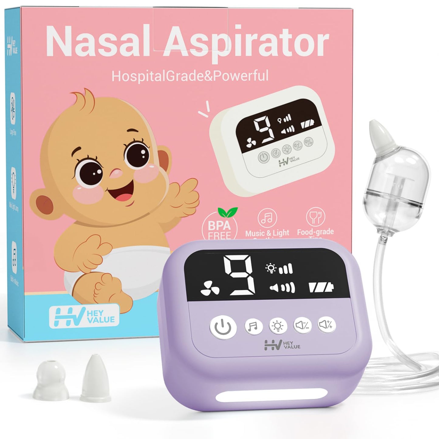 HEYVALUE Nasal Aspirator for Baby, Hospital Grade Nose Sucker with 9 Levels Suction, Night Light and Nursery Rhyme Soothing Function, Electric Nose Suction for Baby with Food-Grade Silicone Tips
