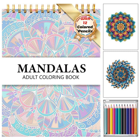 Mandala Coloring Book for Adult 50 Sheets with 12 Colored Pencils Spiral Bound Adult Coloring Books for Relaxation Stress Relief Mindfulness Anxiety Relief Gifts for Women, 8.5 X 11in