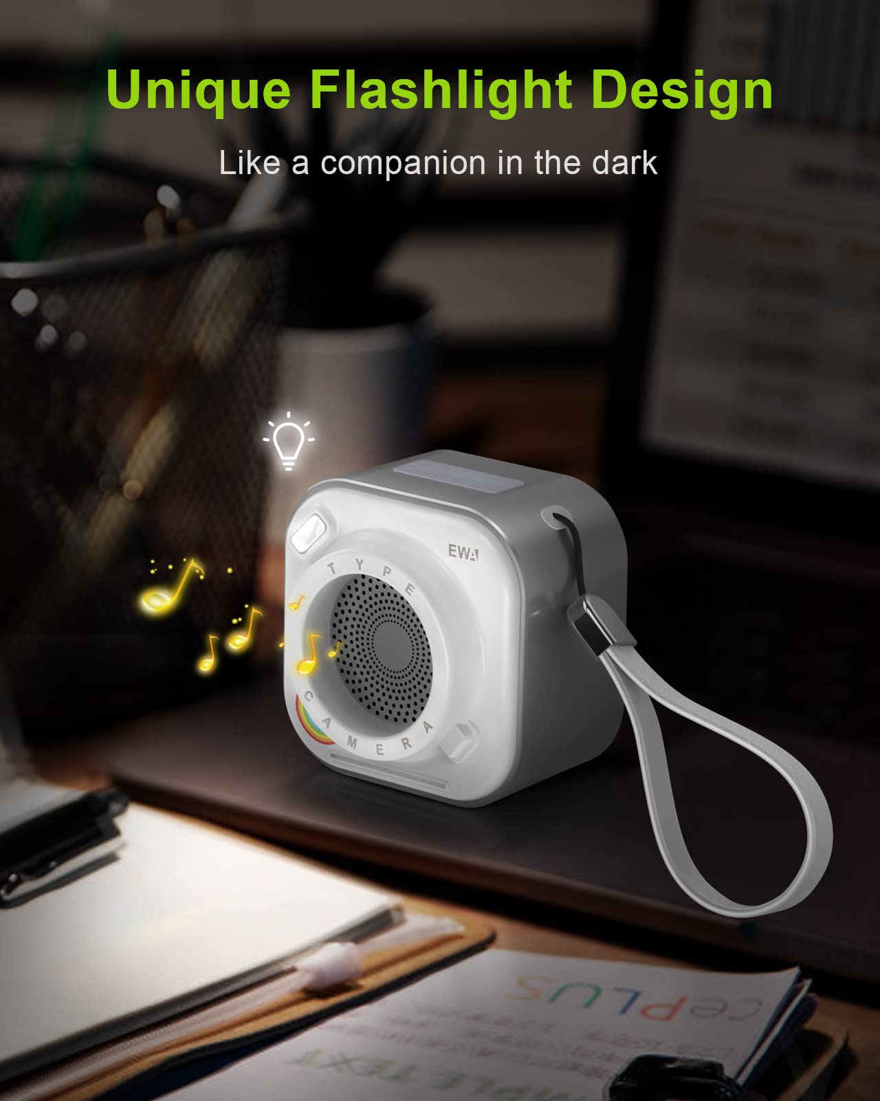 EWA A110 Portable Bluetooth Speaker, Wireless with Flashlight, 12HR Playtime, TF Card Support, Small Stereo Speaker for Travel, Home, Party (GrayWhite)