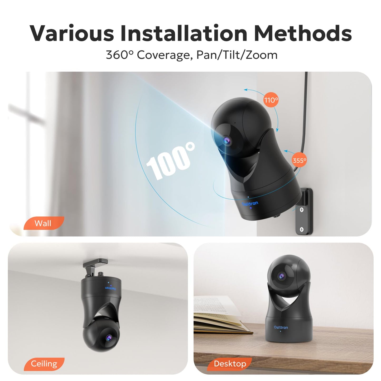 owltron Indoor Camera 2K, 360 Cameras for Home Security with Motion Detection, Baby Monitor with Phone App, 2.4G WiFi Pet Cam with Night Vision & 2-Way Audio