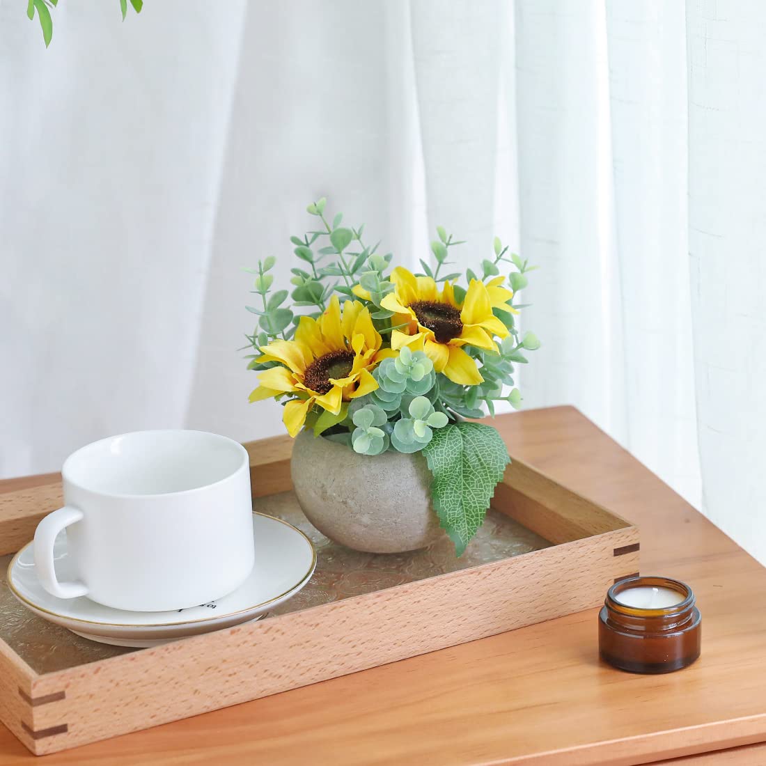 Rosscer Artificial Flowers Kit with Pot, Combination of Fake Silk Sunflowers and Greenery,Small Plant Potted Decor for Offices,Bookshelf,Bedroom, Living Room,Party,Wedding Decorations…