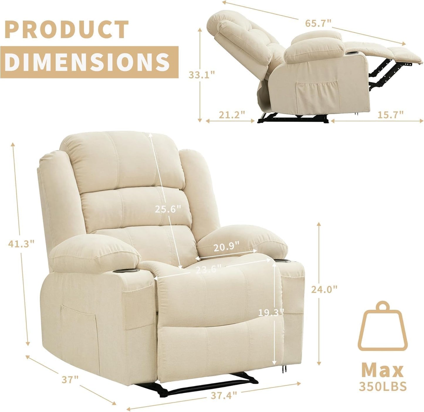 Massage Rocker Recliner Chair, Ergonomic Rocking Lounge Chair with Heat and Vibration for Living Room, Reclining Sofa with 2 Side Pocket, 2 Cup Holders（White）
